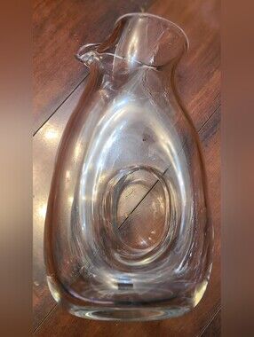 Vintage Tarnow Poland Blown Glass Pitcher Donut Hole Handle Wine Carafe Decanter